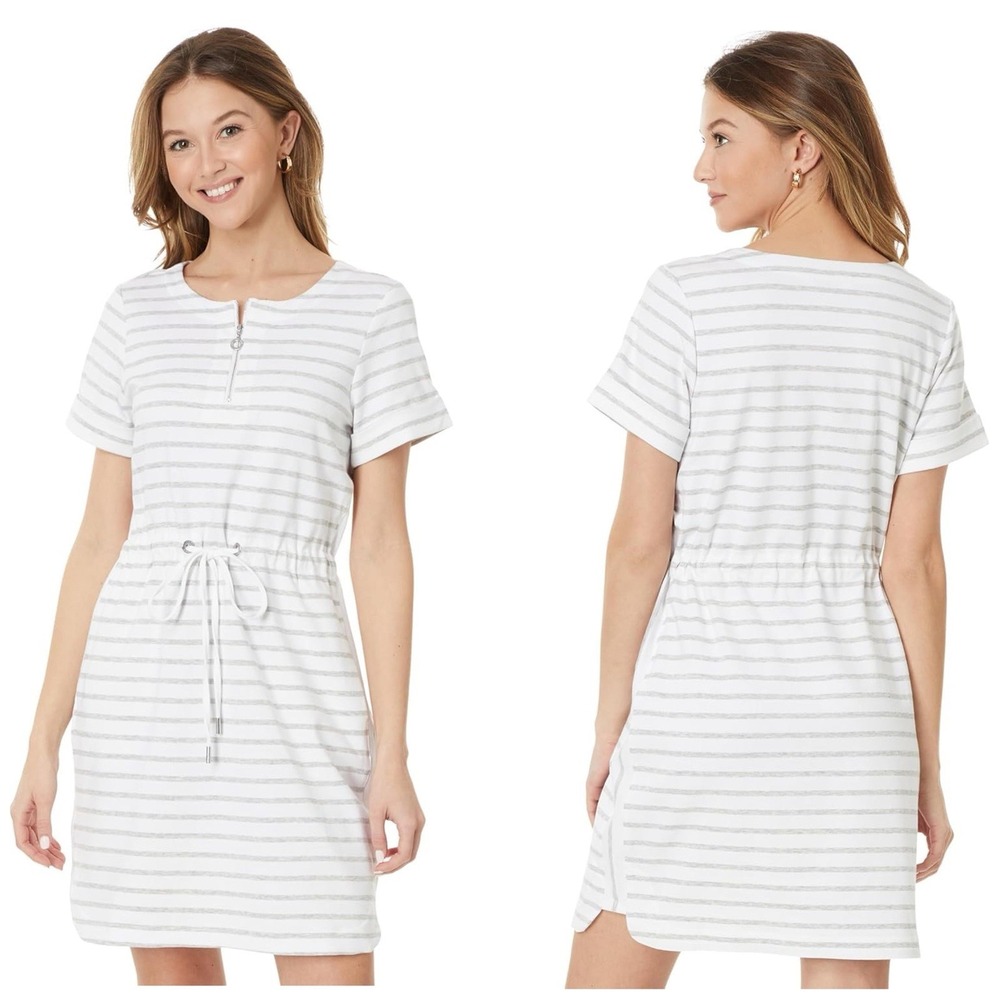 Tommy Bahama‎ Dress XXS Gray White Stripe Jovanna Zip Front Stretch Pockets $128